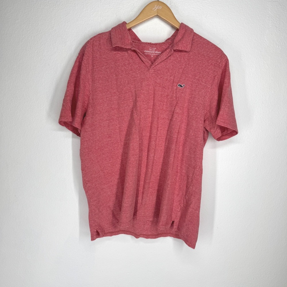 Vineyard Vines Mens Large Red Striped Linen Cotton V-Neck Polo Shirt Short Slv